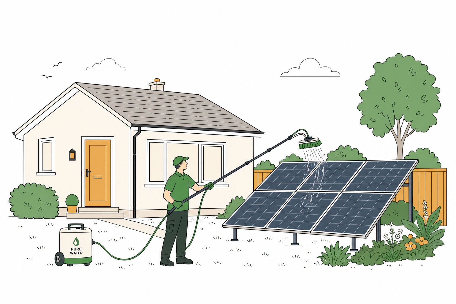 Illustration of a technician cleaning ground-mounted solar panels from ground level using a telescopic water-fed pole