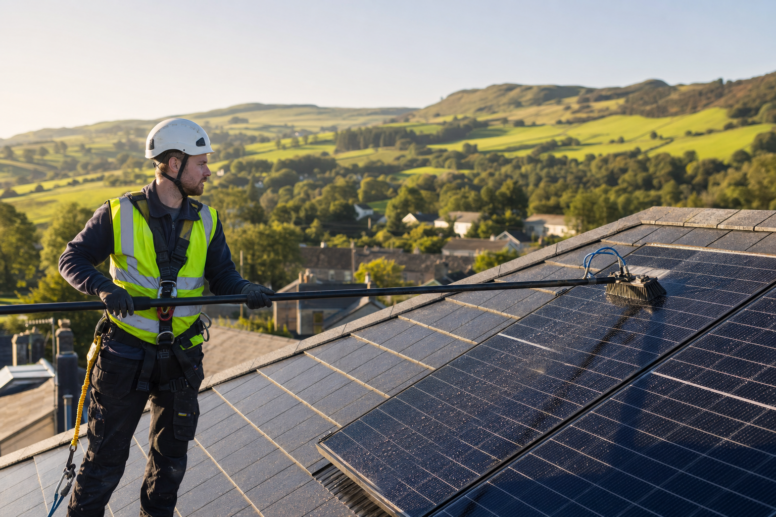 Technician using a telescopic water-fed pole to clean rooftop solar panels overlooking the South Wales countryside