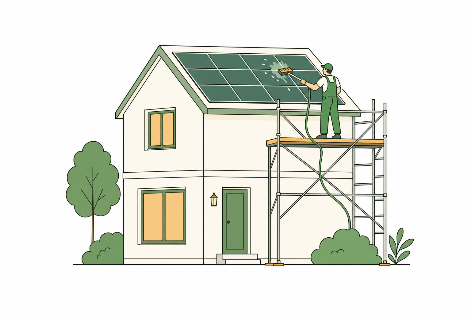 Illustration of scaffolding erected against a house to give safe access to roof-mounted solar panels